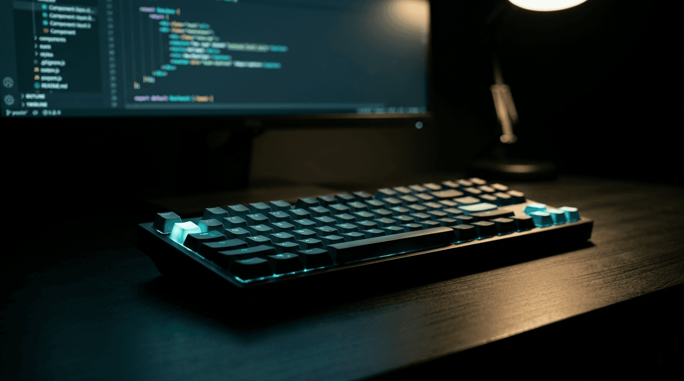 A keyboard illuminated by teal light in a dark workspace with a monitor showing component code
