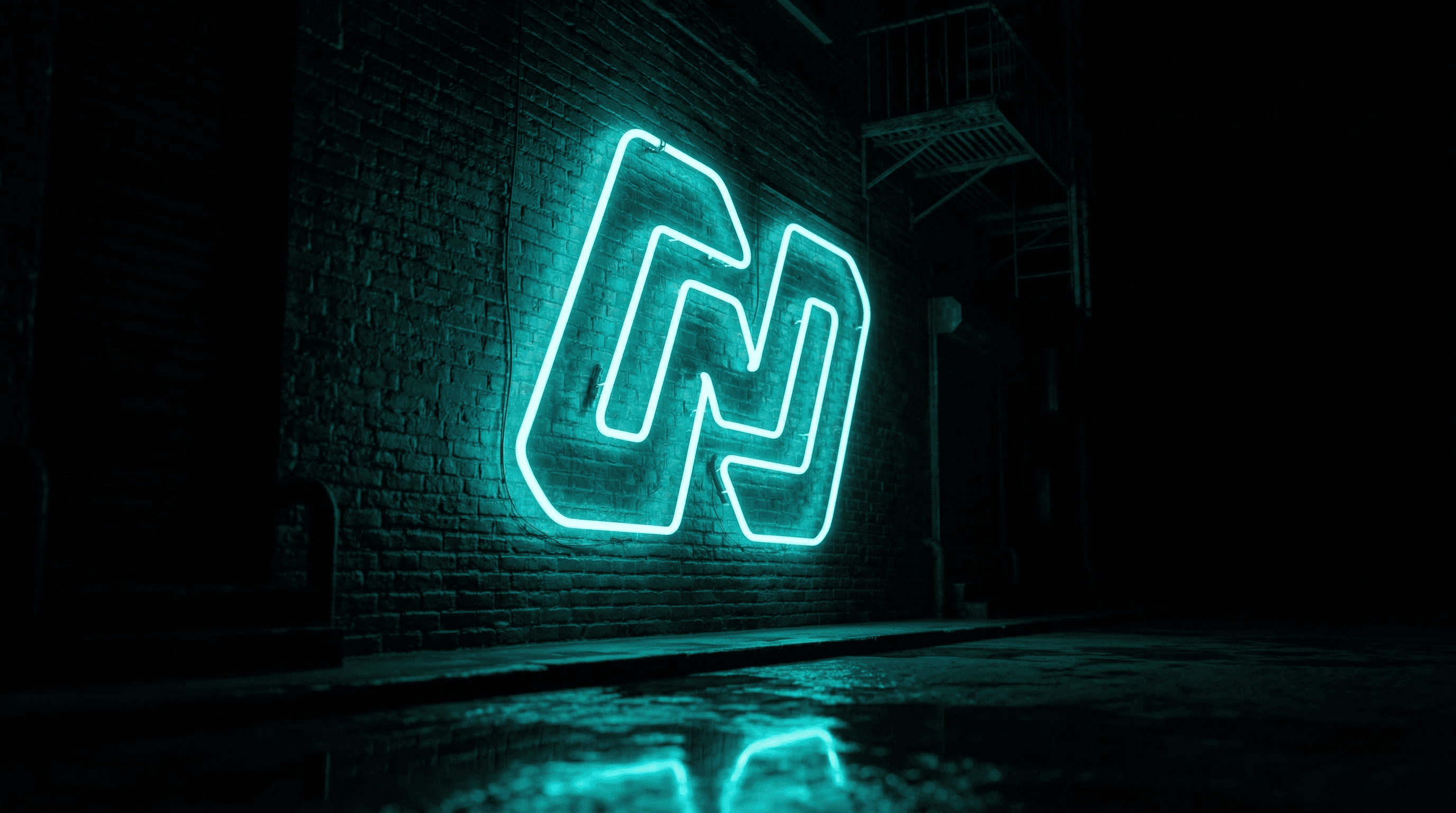 A glowing teal neon light on a dark concrete wall reflecting off wet pavement